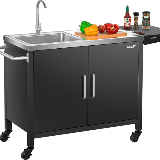 Outdoor Grill Table with Sink,Metal Outdoor Grill Cart, Outdoor Kitchen Island with Stainless Steel Sink